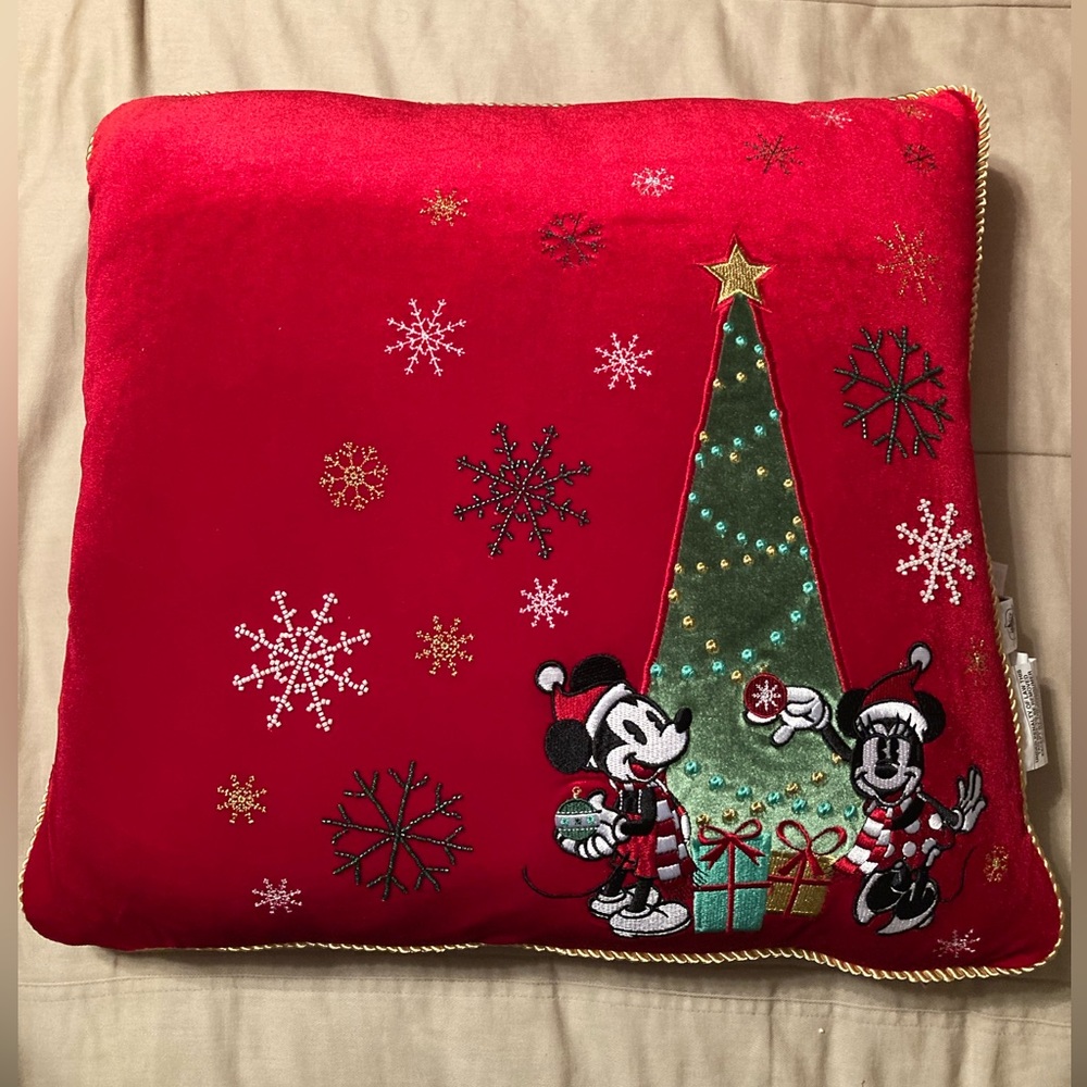 Disney Parks Mickey & Minnie Red Velvet velour Holiday Christmas Pillow